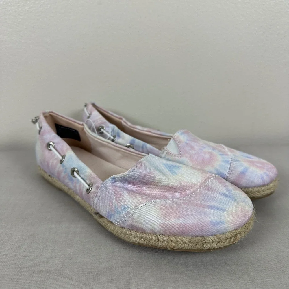 Nautica Women's 6.5 Rudder Espadrille Flat Pink Blue Tie Dye Canvas Boho